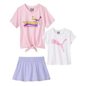 PUMA Kid Girls' 3-piece Active Set Size 6 Pink Purple Two T-Shirts Skort NEW